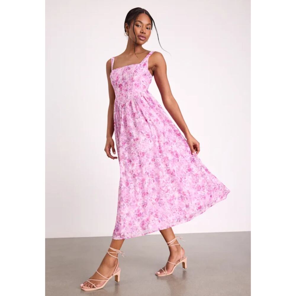 NWT Lulus Colwyn Light Magenta Floral Jacquard Bustier Midi Dress Medium - Picture 3 of 12